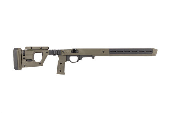 Magpul olive drab green PRO 700 rifle chassis features adjustable comb and length of pull on the folding stock.